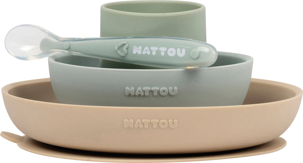 Nattou vaisselle enfant 4 pièces silicone - assiette + bol + tasse + cuillère - antidérapant - sans BPA - sable vert