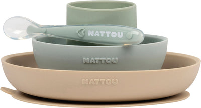 Nattou vaisselle enfant 4 pièces silicone - assiette + bol + tasse + cuillère - antidérapant - sans BPA - sable vert