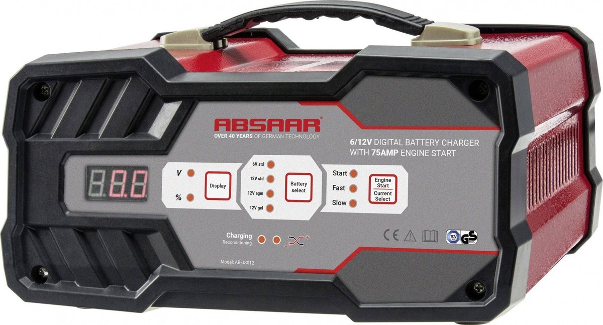 Chargeur de batterie Absaar + démarreur 6 12 volts 25-120 ah 12 ampères rouge