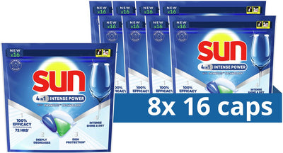 Capsules pour lave-vaisselle Sun - puissance intense 4 en 1 - avec technologie cleanboost - 128 pièces (8x16) - pack économique