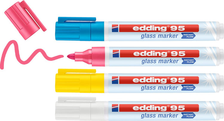 Set de marqueurs pour verre Edding 95 4 s - lumière assortie 4 pièces : jaune, rose, bleu clair, blanc - peut être utilisé directement sans système de pompe - 1,5-3 mm