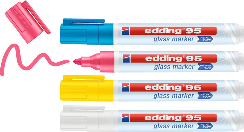 Set de marqueurs pour verre Edding 95 4 s - lumière assortie 4 pièces : jaune, rose, bleu clair, blanc - peut être utilisé directement sans système de pompe - 1,5-3 mm