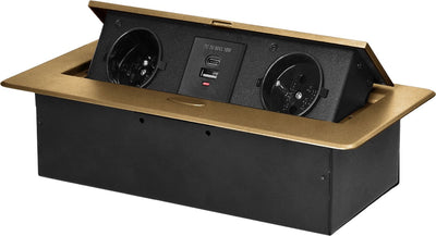 Multiprise Orno avec USB - multiprise escamotable avec 2 prises et USB-A USB-C - prise de distribution intégrée avec finition en acier inoxydable - boîtier de distribution sans câble - pour max. 3680 watts - broche de terre - laiton