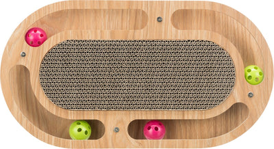 Carton à gratter Trixie - avec jouets - bois - avec herbe à chat - 46x25x4 cm