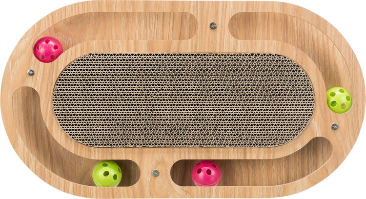 Carton à gratter Trixie - avec jouets - bois - avec herbe à chat - 46x25x4 cm