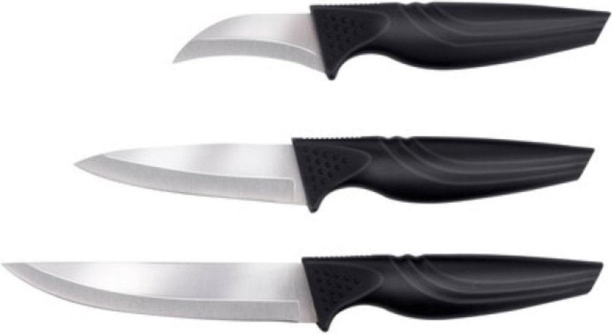 Coffret de couteaux Alpina 3 pièces - couteau universel, couteau à éplucher et de randonnée - manches noirs - acier inoxydable