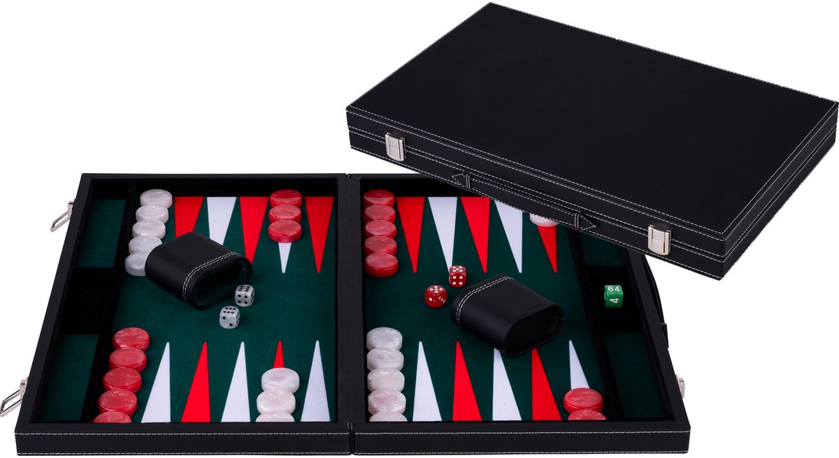 Backgammon Longfield 18 pouces - plateau incrusté vert, rouge et blanc - étui en cuir artificiel avec poignée - coeur d'ange