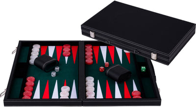 Backgammon Longfield 18 pouces - plateau incrusté vert, rouge et blanc - étui en cuir artificiel avec poignée - coeur d'ange