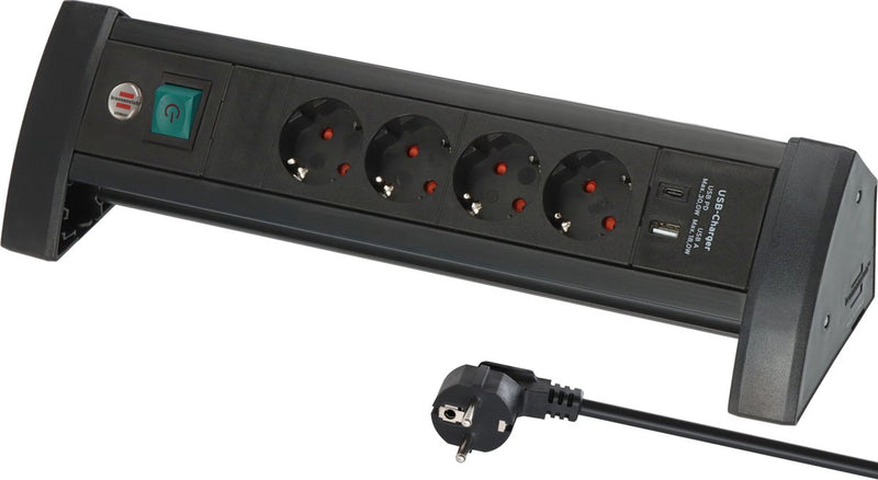 Multiprise bureautique premium Brennerstuhl avec 4 multiprises avec USB C PD 30 W et USB A 18 W (fabriqué en Allemagne, boîtier de distribution avec câble de 1,8 m et interrupteur, multiprise idéale pour le bureau)