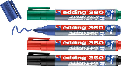 Jeu de marqueurs pour tableau Edding 360 4 s - noir bleu rouge vert - 1,5-3 mm - convient pour tableau blanc et tableau à feuilles mobiles