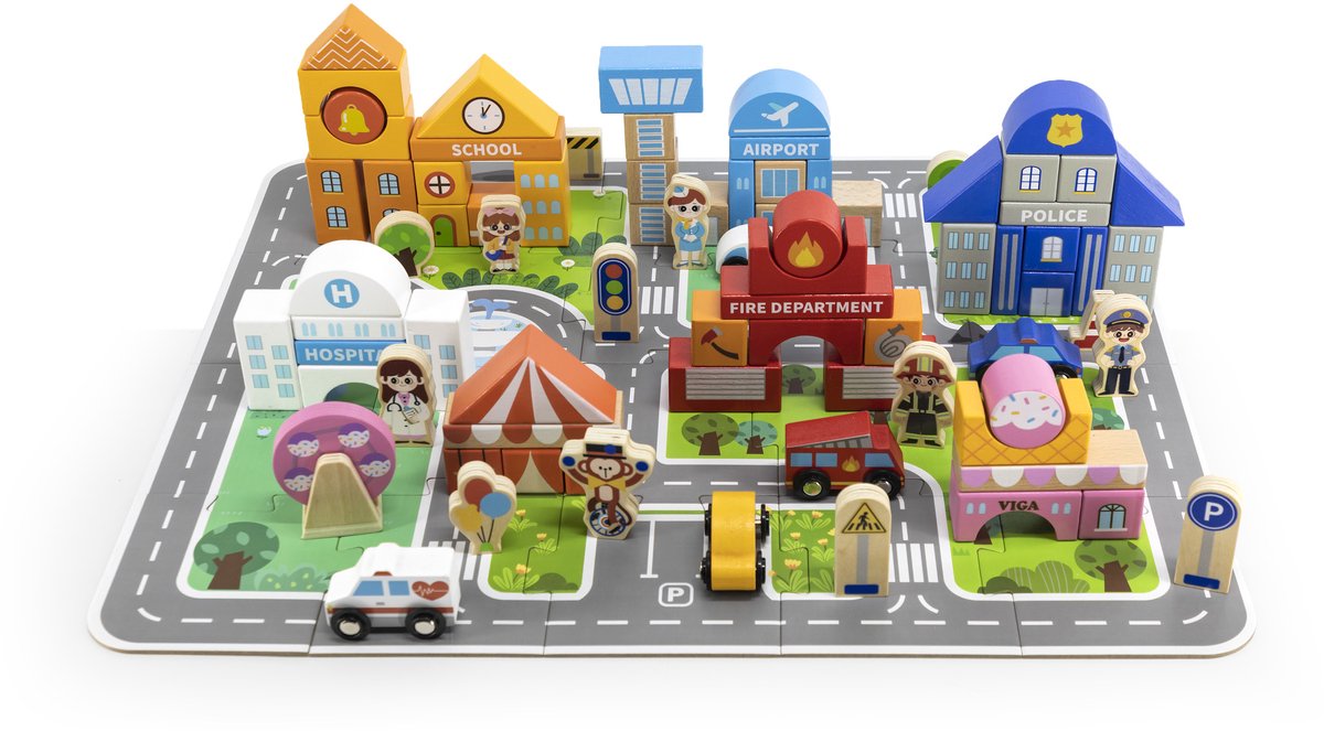 Vigatoys viga toys® ensemble en bois blocs de construction de ville figurines en planche