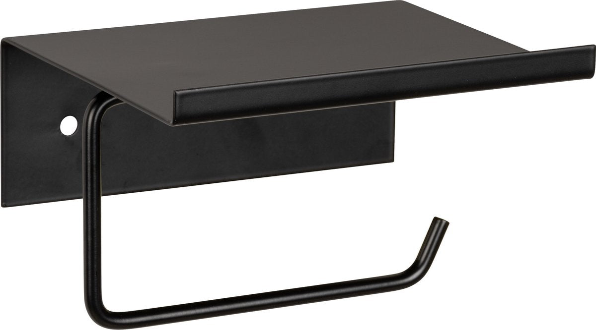 Wenko Porte-rouleau de papier toilette avec étagère desulo acier noir mat - Porte-rouleau de papier toilette avec étagère - Porte-papier toilette avec plateau - Fixation avec ou sans vis - Autocollant