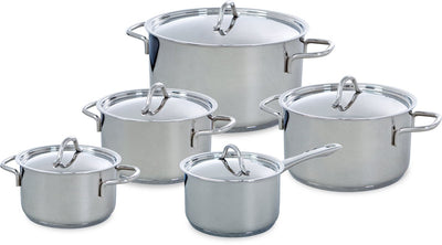 Set de poêles profiline Bk 5 pièces - 16 18 20 24cm - 1,6 2,5 3,5 6l - sans revêtement antiadhésif sans PFA - set de poêles en inox - poêle à induction - passe au four jusqu'à 230°c - avec couvercle - argent