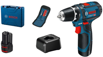 Tournevis professionnel Bosch gsr 12v-15 - avec 2x batteries 12v et chargeur - incl. étui et jeu d'embouts
