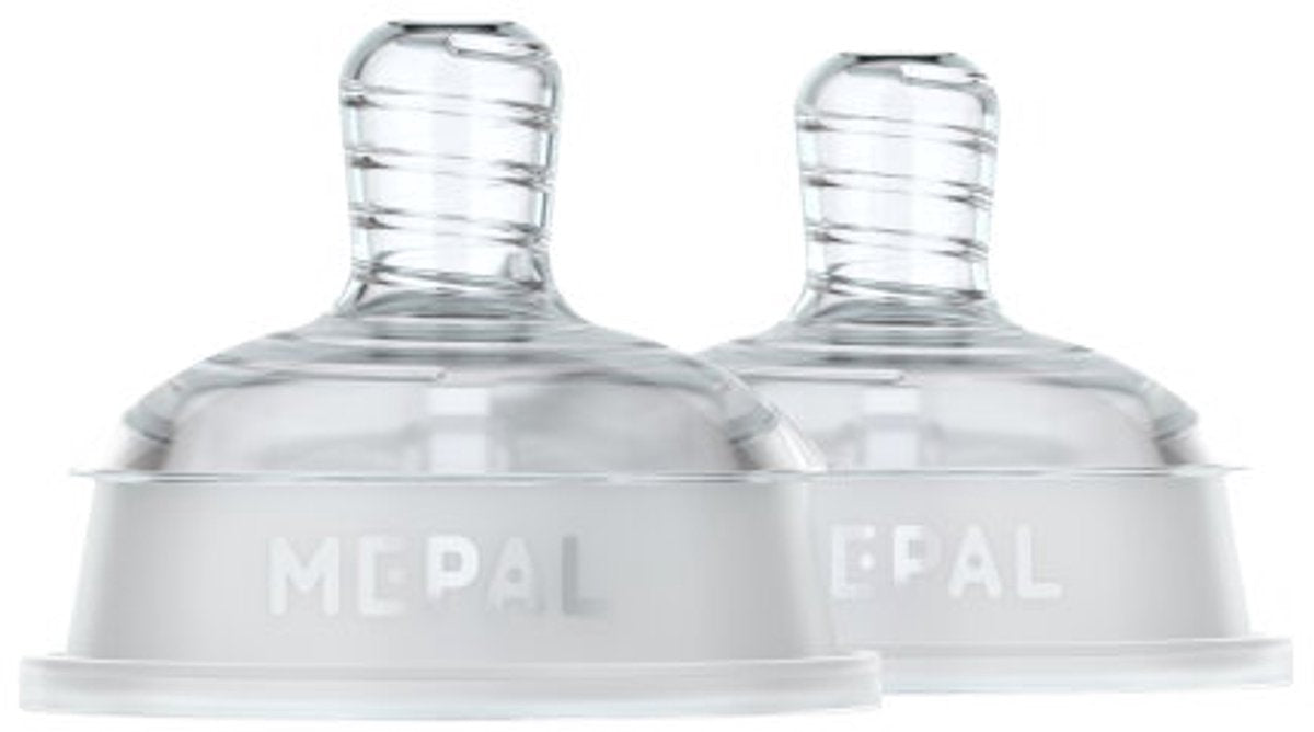 Mepal mio set de tétines biberon 2 pièces moyen - anti-coliques - conception en spirale empêchant le colmatage - silicone de qualité médicale - transparent