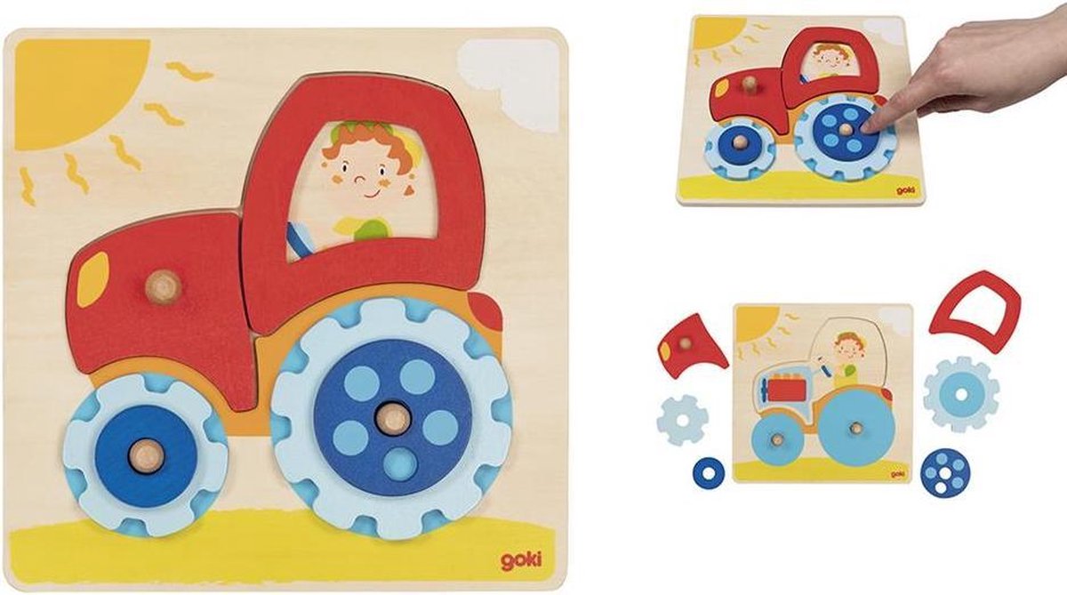 Puzzle Goki - tracteur - 6 pièces - 20x20x2,5cm - bois - 1+