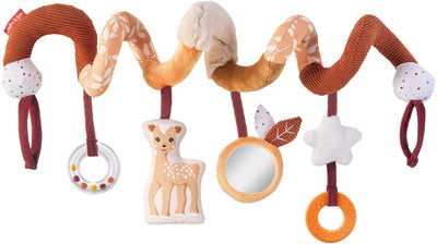 Spirale d'activité Sophie la girafe fanfan le cerf – extensible 20-80 cm – tissu doux avec textures – couineur, papier froissé, miroir, anneau de dentition et anneau hochet – facile à fixer avec velcro – à partir de 3 mois