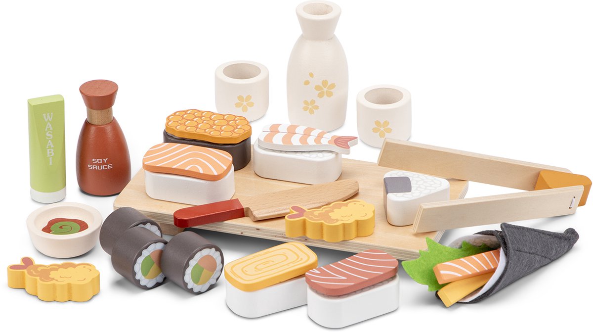 Ensemble de jeu de sushi en bois Woet ® - Jouets de jeu de rôle japonais de 30 pièces - comprenant des baguettes, de la sauce soja et une planche de service - Nourriture jouet FSC - Jouets de cuisine éducatifs - à partir de 3 ans