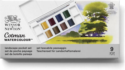 Winsor Newton 0390673 Cotman Set de peinture aquarelle de poche paysage – 8 demi-casseroles d'aquarelle avec pinceau de voyage
