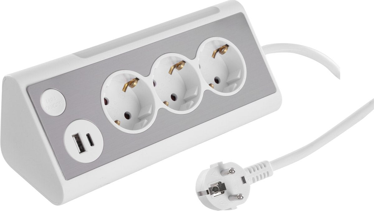 Multiprise Q-link - 3 prises - mise à la terre - USB A C - avec lampe - 3 x 1,5 mm² - 1,5 m - blanc