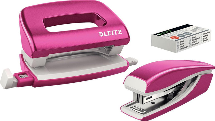 Ensemble de mini-agrafeuses et perforatrices en métal Leitz wow - avec agrafes - rose métallisé - idéal pour le bureau à domicile