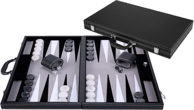 Backgammon Engelhart 21 pouces - plateau incrusté gris, noir et blanc - étui noir de luxe avec poignée -