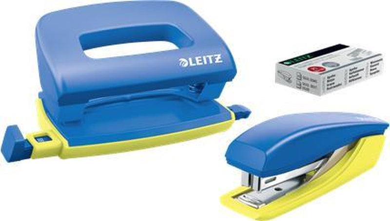 Mini agrafeuse + perforatrice Leitz - agrafe jusqu'à 10 feuilles - pour dossiers et classeurs à anneaux - agrafes incluses - idéale pour l'école ou les études - bleu jaune