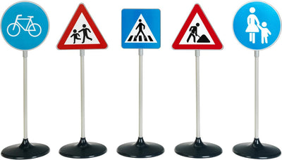 Klein Toys ensemble de panneaux de signalisation 5 pièces - hauteur 70 cm - types de panneaux : piste cyclable, piéton uniquement, atelier, passage piéton et attention aux enfants - multicolore
