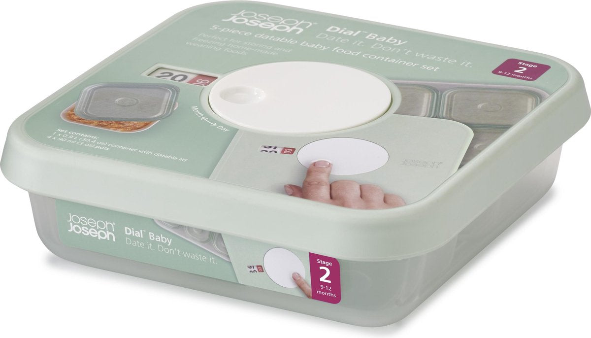 Joseph joseph dial boîte de conservation nourriture pour bébé - 9 à 12 mois - affichage de la date - lot de 5 pièces - menthe