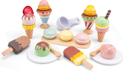 Woet ® jouets de glace en bois - ensemble de jeu coloré de 25 pièces avec glaces, cornets, cuillère à glace et assiettes - nourriture jouet - jeu de rôle stand de glace de jouet de cuisine - à partir de 3 ans
