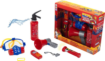 Klein Toys Coffret de pompiers 7 pièces - extincteur, lampe de poche, mégaphone, masque à gaz, téléphone portable jouet, sifflet et porte-nom - incl. effets lumineux et sonores - rouge bleu