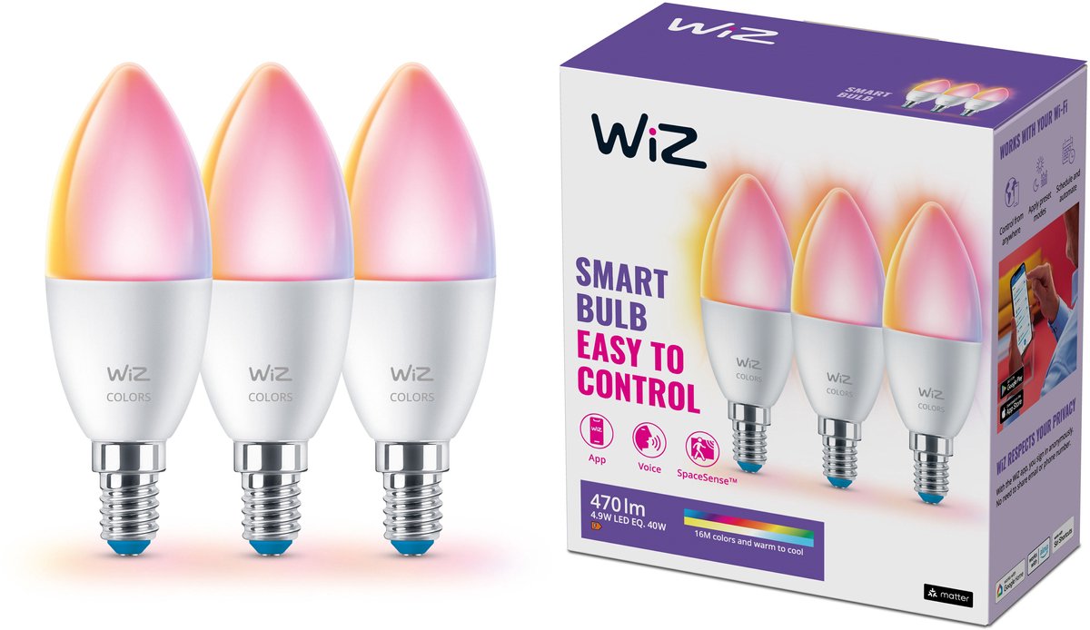 Lampe bougie Wiz pack de 3 - lumière colorée et blanche - éclairage LED intelligent - culot E14 - 40w - mat - wi-fi