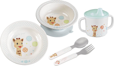 Coffret repas Sophie la girafe - vaisselle enfant - assiette enfant - gobelet - bol - couverts enfant - passe au lave-vaisselle - à partir de 6 mois - 5 pièces - beige bleu