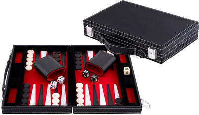 Backgammon Longfield 11 pouces - plateau cousu rouge, noir et blanc - étui en cuir artificiel avec poignée - coeur d'ange