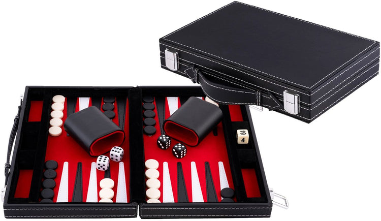 Backgammon Longfield 11 pouces - plateau cousu rouge, noir et blanc - étui en cuir artificiel avec poignée - coeur d'ange