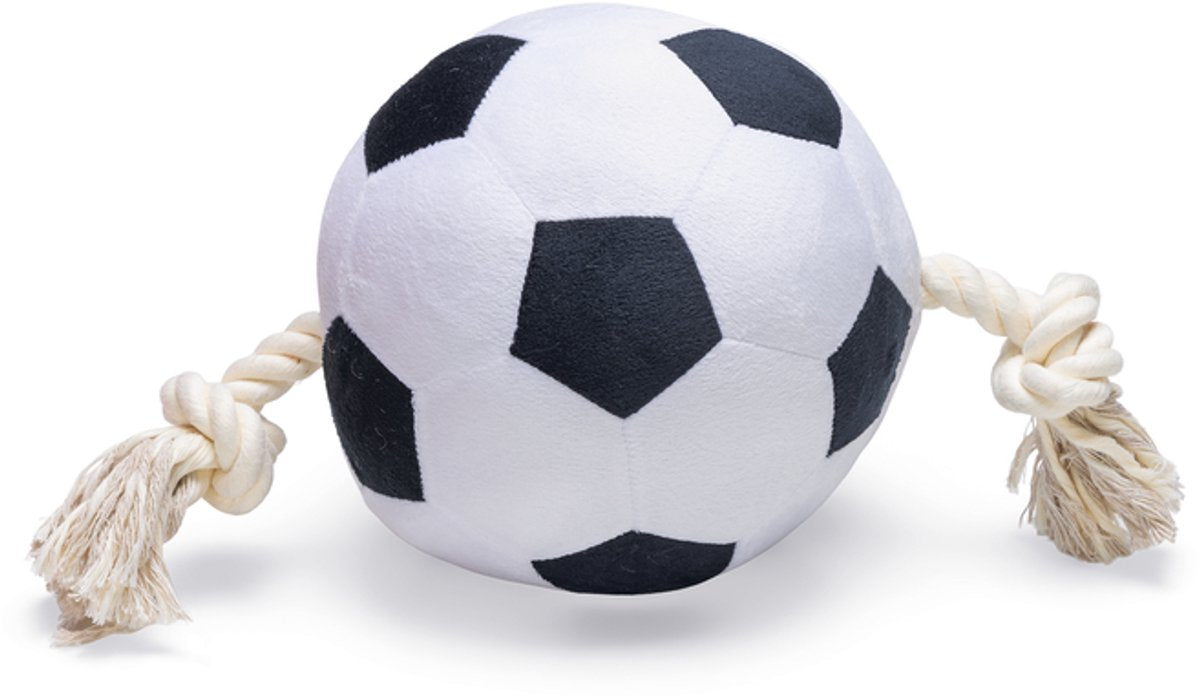 Beeztees ballon de football avec corde - jouet pour chien - peluche - noir et blanc - 36x19x19cm