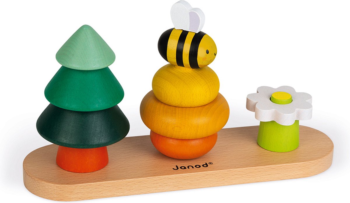 Janod wwf - figurine empilable la forêt - 10 pièces en bois à empiler les unes sur les autres et faire une ruche, une abeille et une fleur - dès 1 an