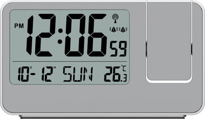 Technoline wt 534 - réveil - réveil à projection (180°) - numérique - rectangle - affichage de l'heure radio-piloté - 12 24h - affichage de la date - température intérieure - 12 24 - 2 alarmes - snooze - plastique - chiffres - argenté