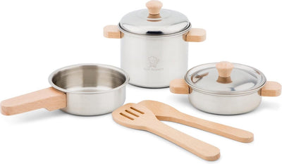Woet ® ensemble de poêles en métal - ensemble de 7 pièces avec ustensiles de cuisine en bois - ensemble de cuisine jouet - accessoires de cuisine jouets pour enfants - jouets de cuisine de jeu de rôle - à partir de 2 ans