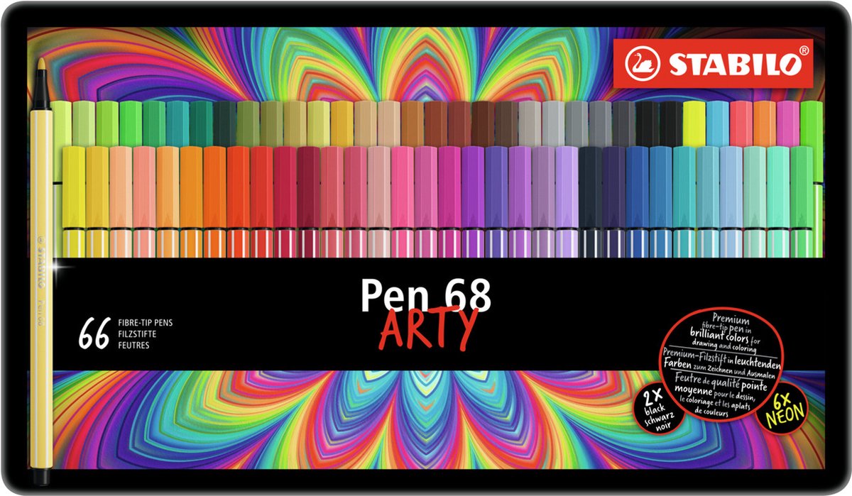 Stabilo Pen 68 Arty Metal Box Felt -Tip stylos, 66st.