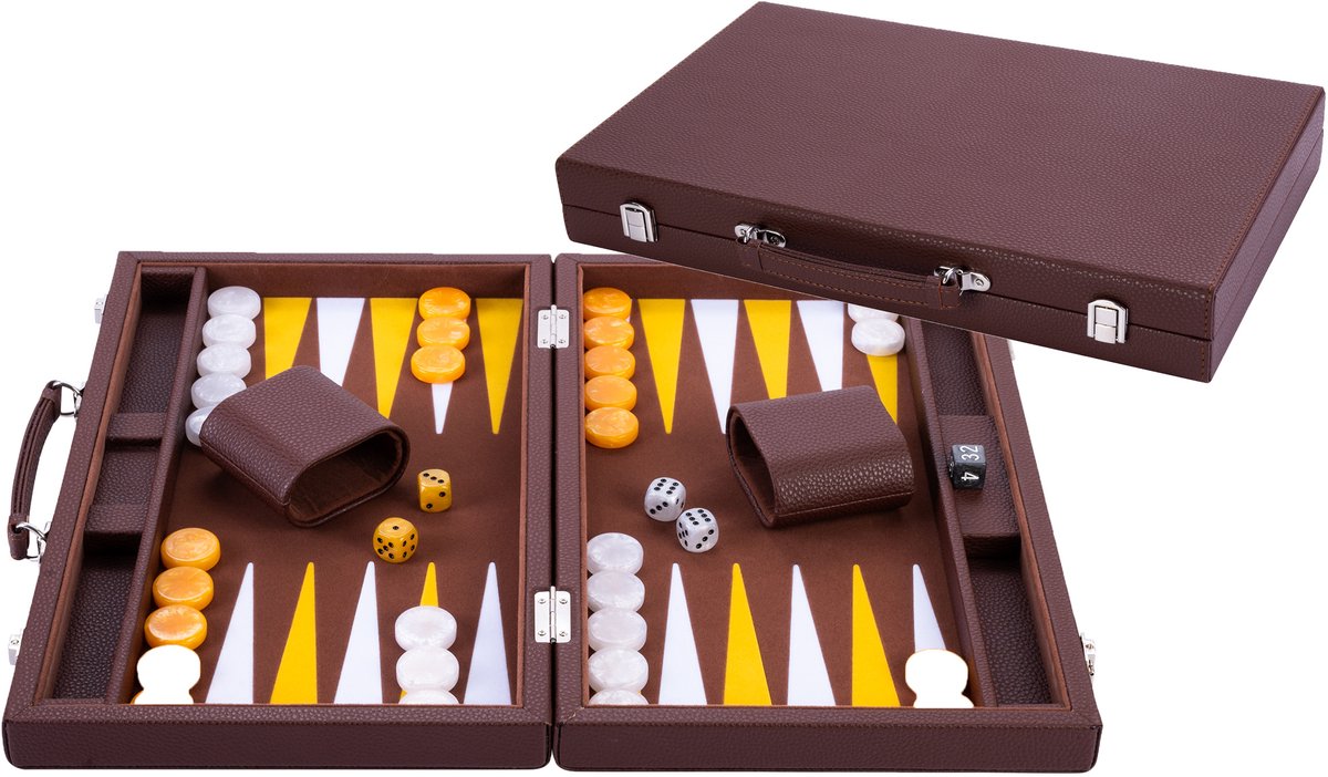 Backgammon Longfield 15 pouces - plateau incrusté marron, jaune et blanc - étui marron luxueux avec poignée - coeur d'ange