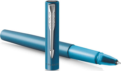 Stylo roller Parker Vector XL | peinture métallisée vert-bleu sur laiton avec détails chromés | plume fine avec recharge d'encre noire | emballage cadeau