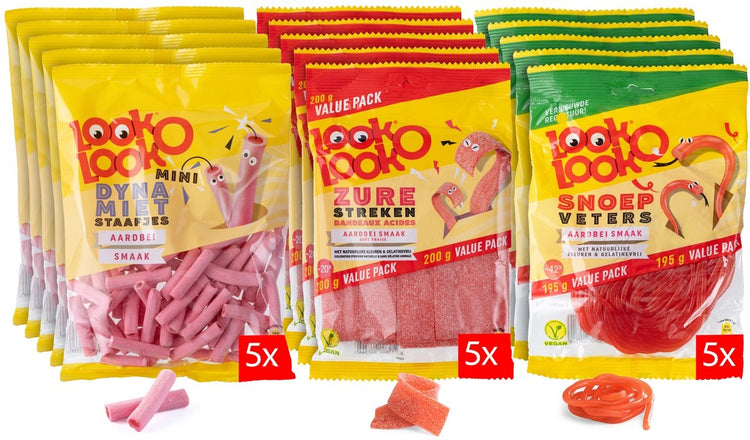 Boîte combinée Look-o-look look o look - bonbons - mélange de bandes de fraises aigres, lacets de bonbons aux fraises, bâtons de dynamite aux fraises - 1x15pcs