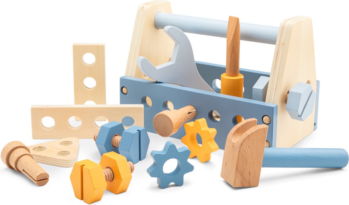 Boîte à outils en bois Woet ® pour enfants - Outils jouets 15 pièces - comprenant marteau, tournevis et accessoires - FSC - à partir de 3 ans