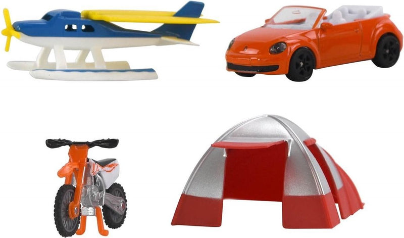 Ensemble de loisirs Siku 6325 composé d'un cabriolet, d'une moto cross, d'un hydravion et d'une tente, matériau : métal plastique
