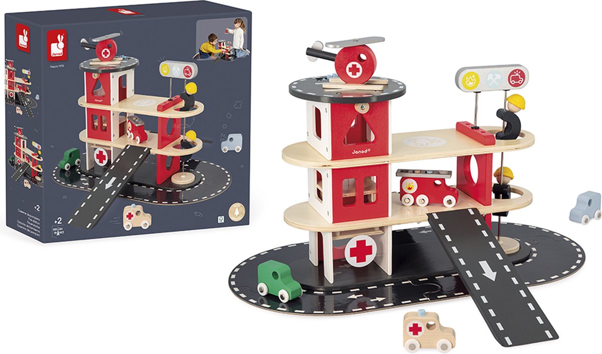 Janod - bolid - caserne de pompiers en bois - camion de pompiers et hélicoptère