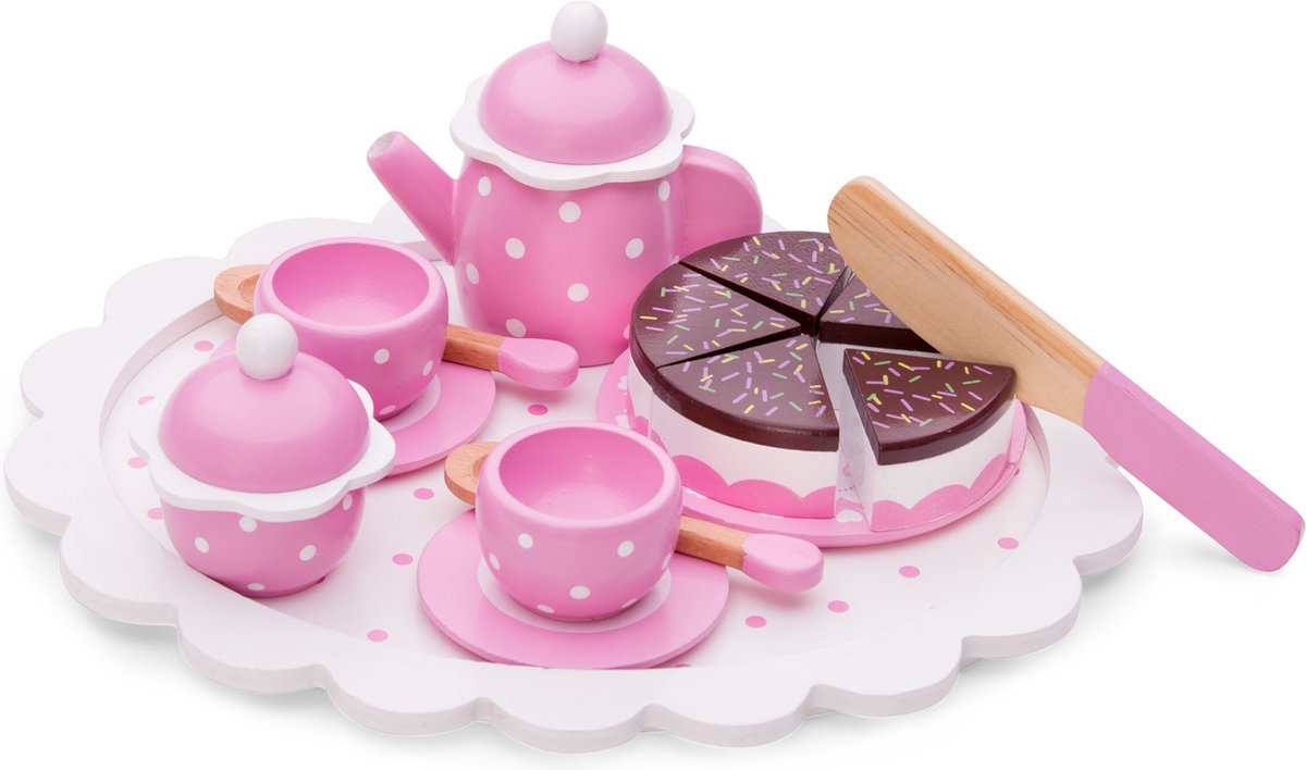 New Classic Toys ® service à thé en bois rose - service à thé 18 pièces avec plateau, théière, tasses et gâteau - FSC - jouets de jeu de rôle - à partir de 24 mois