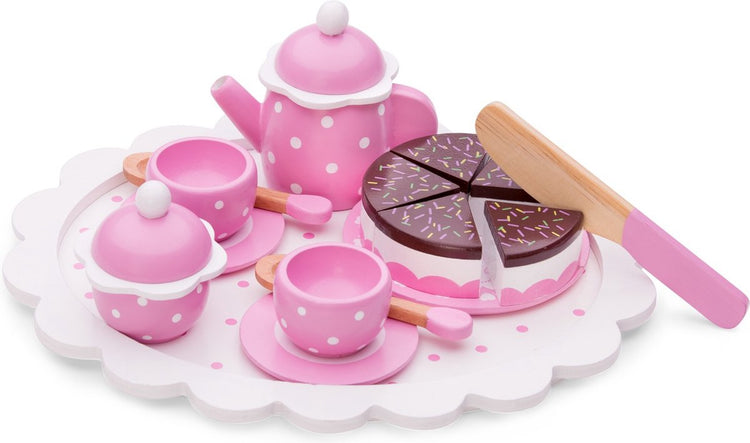 New Classic Toys ® service à thé en bois rose - service à thé 18 pièces avec plateau, théière, tasses et gâteau - FSC - jouets de jeu de rôle - à partir de 24 mois