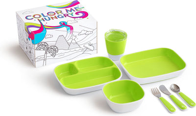 Munchkin ensemble de vaisselle pour enfants - splash colorme faim set - coffret cadeau pour enfants - ensemble de salle à manger 7 pièces - assiettes, bols, cuillères et fourchettes - cadeau de maternité - vert