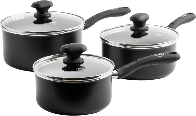 Set de casseroles Greenchef Diamond 3 pièces - 16 18 20 cm - 1,5 2,1 2,3 l - revêtement antiadhésif sans PFA - set de poêles à induction - poêle en céramique - passe au four jusqu'à 160°c - poignée de refroidissement - avec couvercle en verre - noir